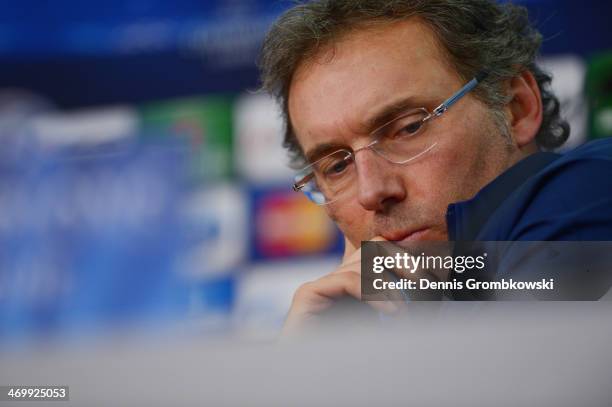 Head coach Laurent Blanc of Paris Saint-Germain reacts during a press conference ahead of the UEFA Champions League match between Bayer Leverkusen...