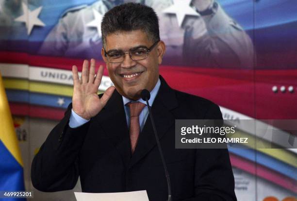 Venezuelan Foreign Minister Elias Jaua waves during a press conference in Caracas on February 17, 2014. Venezuelan President Nicolas Maduro on Sunday...