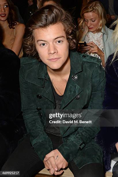 Harry Styles attends the front row at Burberry Womenswear Autumn/Winter 2014 at Kensington Gardens on February 17, 2014 in London, England.