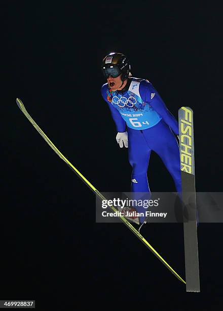 Jan Matura of Czech Republic jumps during the Men's Team Ski Jumping trial on day 10 of the Sochi 2014 Winter Olympics at the RusSki Gorki Ski...