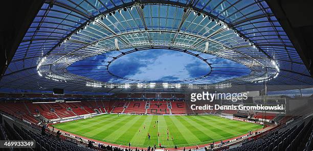 General overview of the BayArena is pictured during a training session of Paris Saint-Germain ahead of the UEFA Champions League match between Bayer...