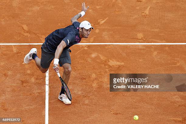 Austrian player Andreas Haider Maurer returns the ball to Serbian player Novak Djokovic during the Monte-Carlo ATP Masters Series Tournament tennis...