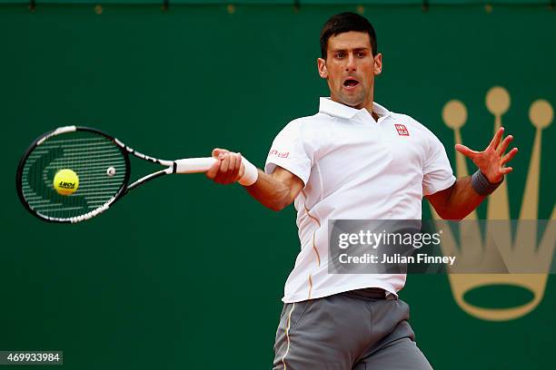 Novak Djokovic of Serbia in action against Andreas Haider-Maurer of Austria during day five of the Monte Carlo Rolex Masters tennis at the...