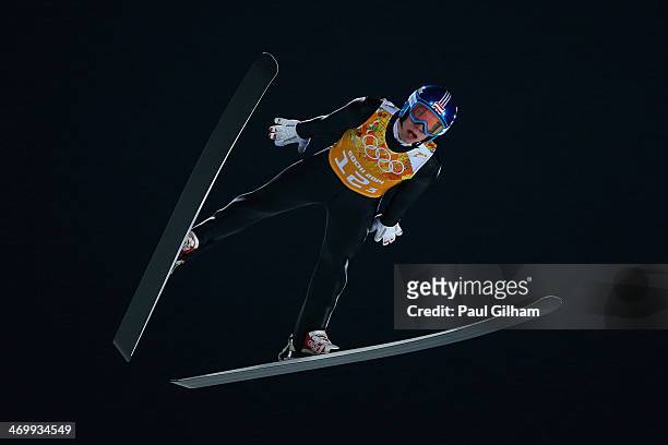 Thomas Diethart of Austria jumps during the Men's Team Ski Jumping trial on day 10 of the Sochi 2014 Winter Olympics at the RusSki Gorki Ski Jumping...