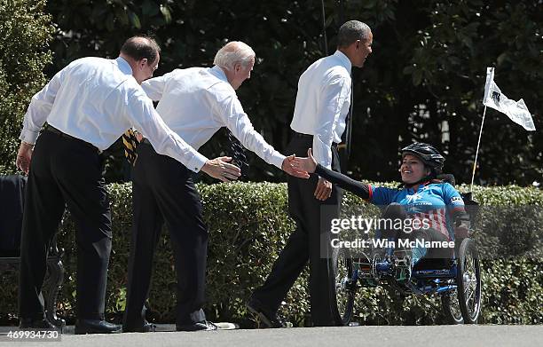 President Barack Obama , Secretary of Veterans Affairs Robert McDonald and Vice President Joe Biden welcome veterans participating in the Wounded...