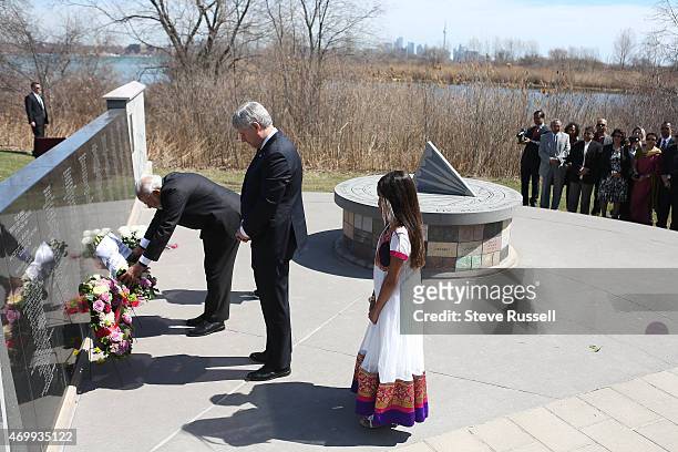 Indian Prime Minister Narendra Modi lays a wreath as he visits the Air India Flight 182 monument at Humber Bay East Park with Prime Minister Stephen...
