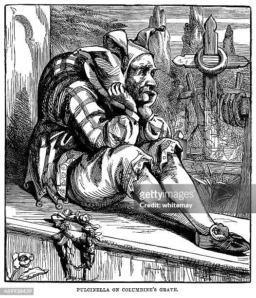 pulcinella on columbine's grave - pierrot clown stock illustrations