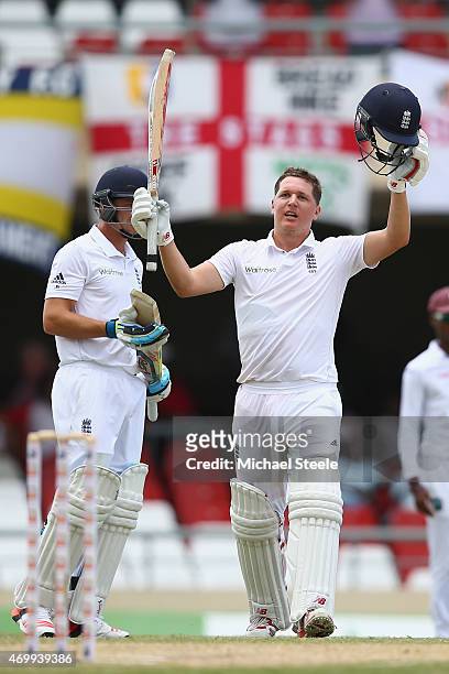 Gary Ballance celebrates reaching his century during day four of the 1st Test match between West Indies and England at the Sir Vivian Richards...