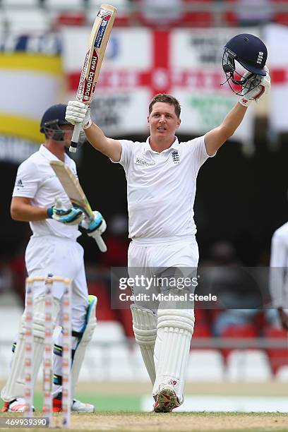 Gary Ballance celebrates reaching his century during day four of the 1st Test match between West Indies and England at the Sir Vivian Richards...