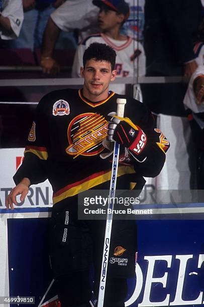 Gino Odjick of the Vancouver Cancuks stands on the ice during warm-ups before a game during the 1994 Stanley Cup Finals against the New York Rangers...