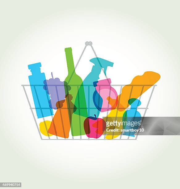 a shopping basket with colorful grocery silhouettes - shopping basket stock illustrations