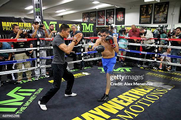 Leo Santa Cruz works out at the Mayweather Boxing Club on April 14, 2015 in Las Vegas, Nevada. Santa Cruz will fight on the undercard of the Floyd...