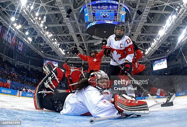 Jessica Lutz celebrates after scoring a goal against Shannon Szabados of Canada during the Women's Ice Hockey Playoffs Semifinal game on day ten of...