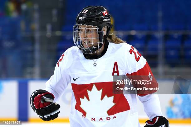 Hayley Wickenheiser of Canada reacts during the Women's Ice Hockey Playoffs Semifinal game against Switzerland on day ten of the Sochi 2014 Winter...