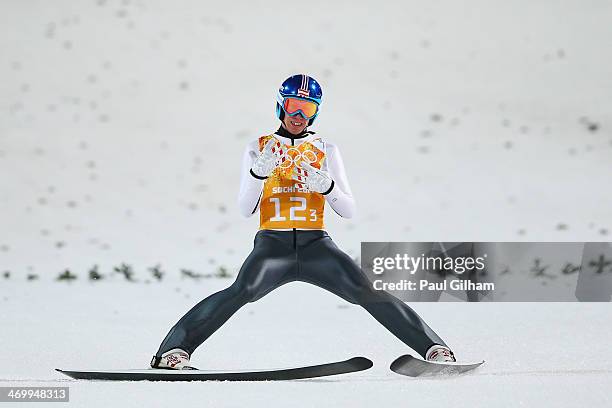 Thomas Diethart of Austria jumps during the Men's Team Ski Jumping final round on day 10 of the Sochi 2014 Winter Olympics at the RusSki Gorki Ski...