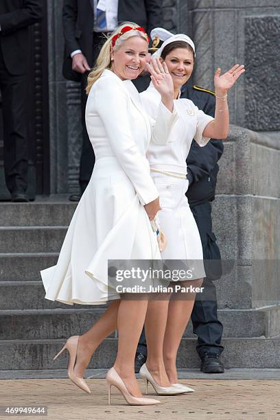 Crown Princess Mette-Marit of Norway, and Crown Princess Victoria of Sweden, attend a reception at Copenhagen Town Hall, for the 75th Birthday of...
