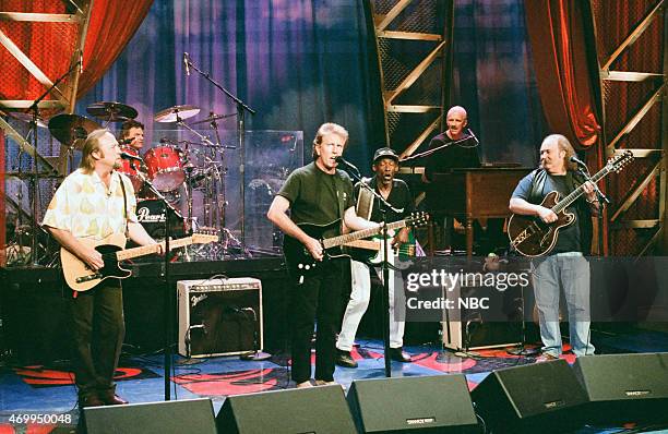 Episode 967 -- Pictured: Stephen Stills, Graham Nash and David Crosby of the musical guest Crosby, Stills & Nash perform on August 7, 1996 --