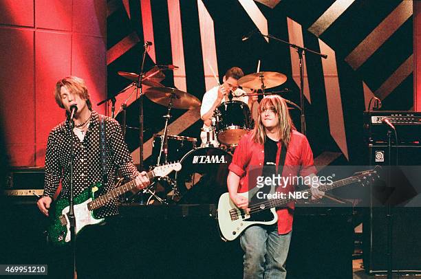 Episode 968 -- Pictured: John Rzeznik, Mike Malinin and Robby Takac of the musical guest Goo Goo Dolls on August 8, 1996 --