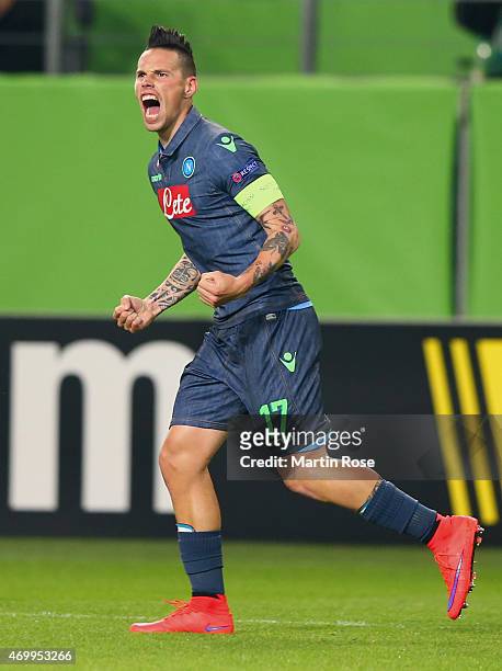 Marek Hamsík of Napoli celebrates as he scores their second goal during the UEFA Europa League Quarter Final first leg match between VfL Wolfsburg...