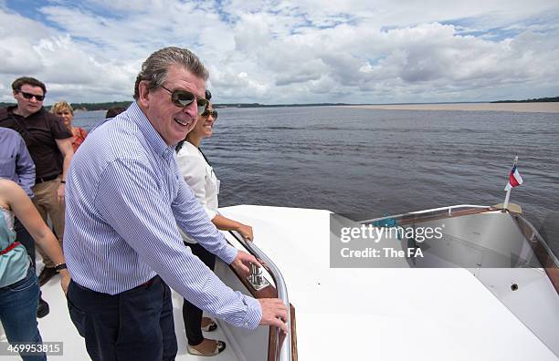 In this handout image provided by the FA England manager Roy Hodgson visits Arena Amazonia on February 17, 2014 in Manaus, Brazil. The FA manager...