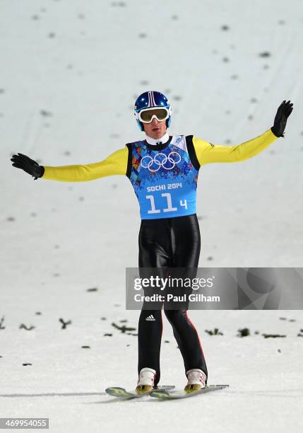 Severin Freund of Germany jumps during the Men's Team Ski Jumping final round on day 10 of the Sochi 2014 Winter Olympics at the RusSki Gorki Ski...