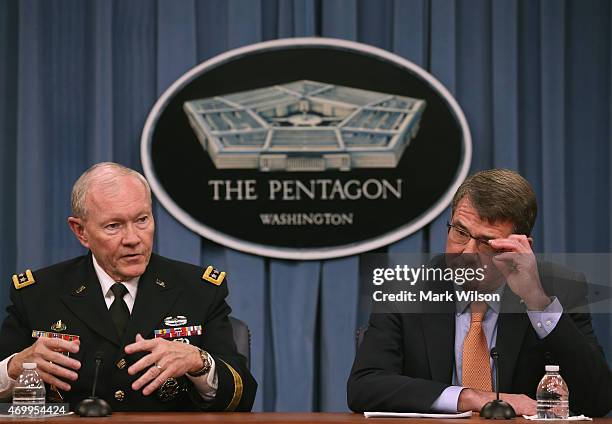 Joint Chiefs of Staff Martin Dempsey and U.S, Secretary of Defense Ash Carter speak to the media during a briefing at the Pentagon April 16, 2015 in...