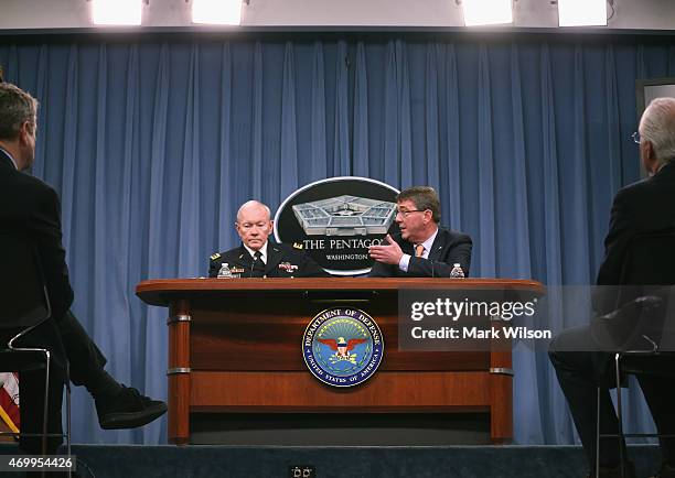 Joint Chiefs of Staff Martin Dempsey U.S, Secretary of Defense Ash Carter and speak to the media during a briefing at the Pentagon April 16, 2015 in...