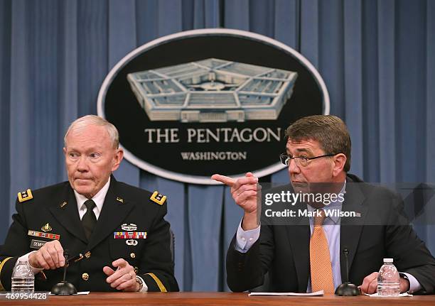 Joint Chiefs of Staff Martin Dempsey and U.S, Secretary of Defense Ash Carter speak to the media during a briefing at the Pentagon April 16, 2015 in...