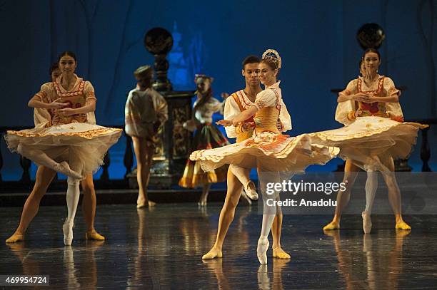 Dancers from Joburg of South Africa and Liaoning Ballet of China perform on stage during a rehearsal of 'Swan Lake' at Joburg Theatre in...