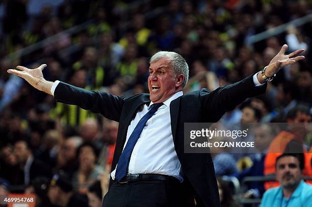 Fenerbahce Ulker's Serbian head coach Zelimir Obradovic gestures during the Euroleague playoffs round 2 basketball match between Fenerbahce Ulker and...