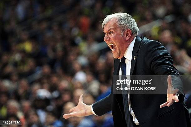 Fenerbahce Ulker's Serbian head coach Zelimir Obradovic reacts during the Euroleague playoffs round 2 basketball match between Fenerbahce Ulker and...