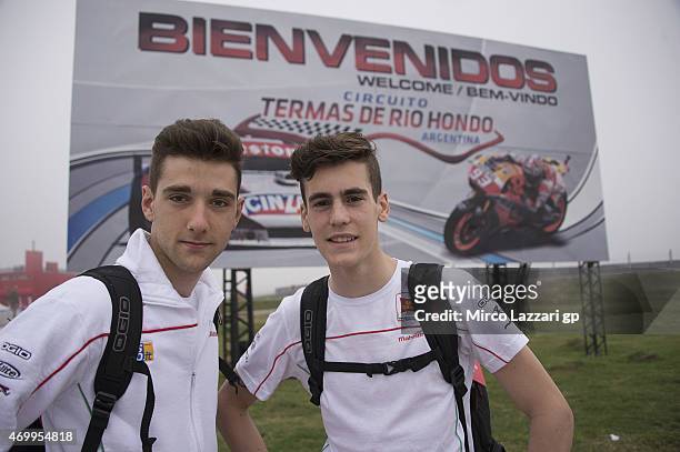 Matteo Ferrari of Italy and San Carlo Team Italia and Stefano Manzi of Italy and San Carlo Team Italia pose in front of the gate of paddock during...