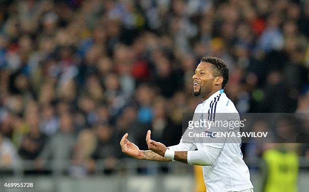 Jeremain Lens of FC Dynamo Kyiv reacts after scoring a goal against ACF Fiorentina during their UEFA Europa League quarter-final, first leg match in...