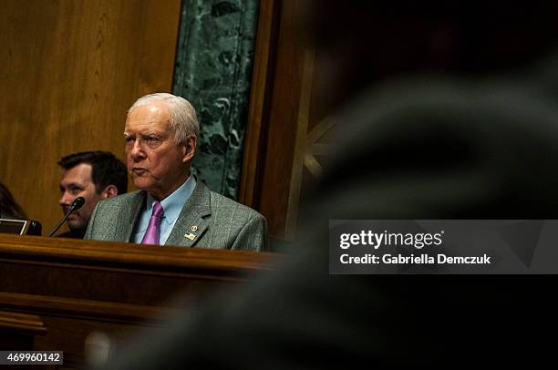 Chairman Orrin Hatch speaks during the Senate Finance Committee hearing on Congress and U.S. Tariff Policy in the Senate Dirksen Office building on...