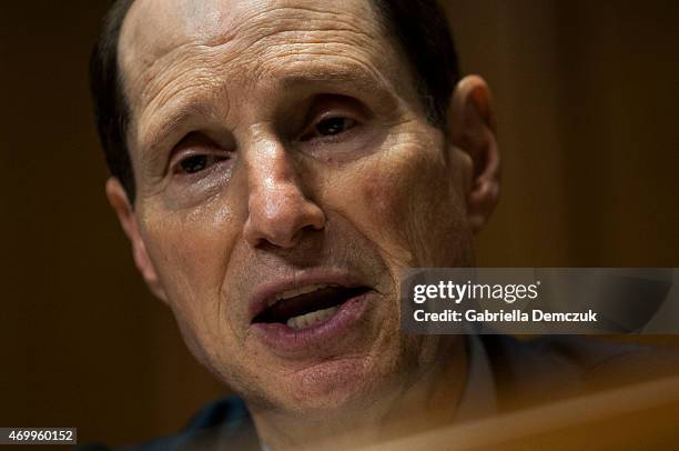 Ranking Member Ron Wyden speaks during the Senate Finance Committee hearing on Congress and U.S. Tariff Policy in the Senate Dirksen Office building...