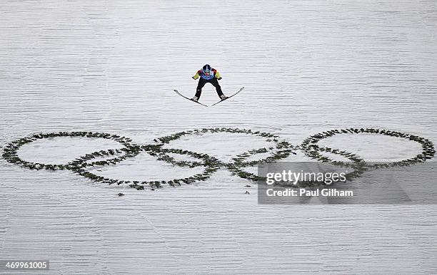 Severin Freund of Germany jumps during the Men's Team Ski Jumping final round on day 10 of the Sochi 2014 Winter Olympics at the RusSki Gorki Ski...