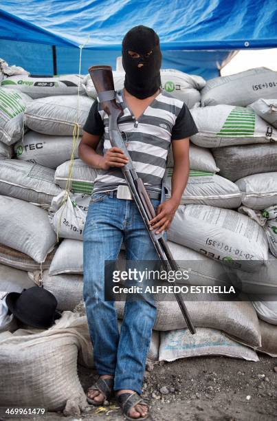 "Chilango", a member of the so-called self-defense groups, poses for a photo with a shotgun in Apatzingan, Michoacan state, Mexico, on February 12,...