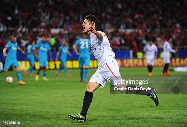 Denis Suarez of Sevilla celebrates as he score their second goal during the UEFA Europa League Quarter Final first leg match between FC Sevilla and...