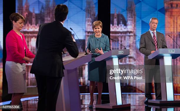 Labour leader Ed Miliband, Plaid Cymru leader Leanne Wood, Green Party Leader Natalie Bennett, SNP leader Nicola Sturgeon and UKIP leader Nigel...