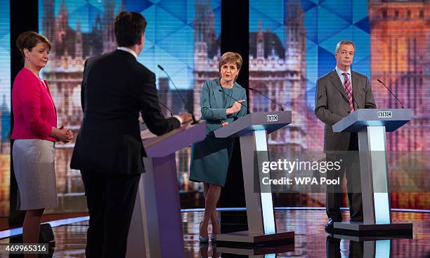 Labour leader Ed Miliband, Plaid Cymru leader Leanne Wood, Green Party Leader Natalie Bennett, SNP leader Nicola Sturgeon and UKIP leader Nigel...