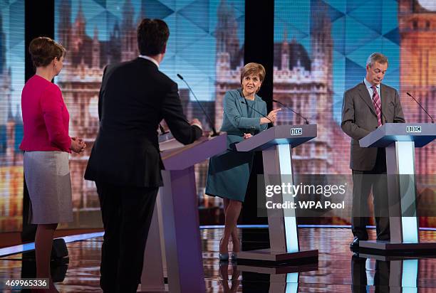 Labour leader Ed Miliband, Plaid Cymru leader Leanne Wood, Green Party Leader Natalie Bennett, SNP leader Nicola Sturgeon and UKIP leader Nigel...