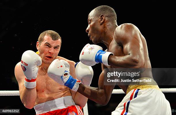 Erislandy Savon Cotilla of Cuba Domadores knocks out Ionut-Mirel Jitaru of British Lionhearts with an upper cut during his Heavyweight 91kg fight...