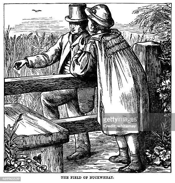 victorian farmer and gentleman discussing crops by a stile - stile stock illustrations