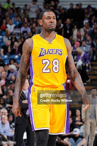 Tarik Black of the Los Angeles Lakers looks on during the game against the Sacramento Kings on April 13, 2015 at Sleep Train Arena in Sacramento,...