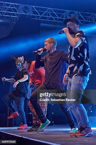 Tua, Kaas, Maeckes and Bartek of Die Orsons perform at Huxleys Neue Welt on April 16, 2015 in Berlin, Germany.