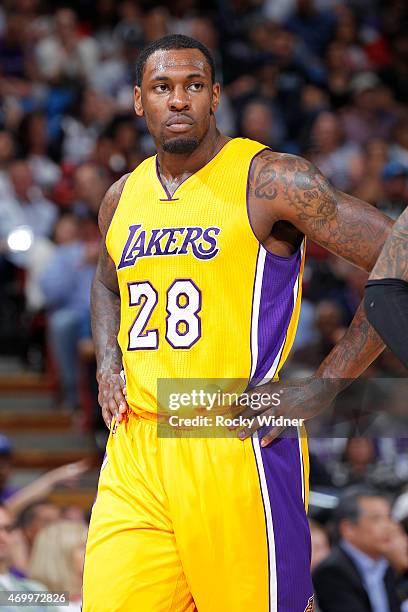 Tarik Black of the Los Angeles Lakers looks on during the game against the Sacramento Kings on April 13, 2015 at Sleep Train Arena in Sacramento,...