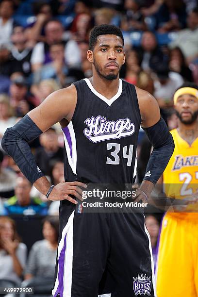 Jason Thompson of the Sacramento Kings looks on during the game against the Los Angeles Lakers on April 13, 2015 at Sleep Train Arena in Sacramento,...