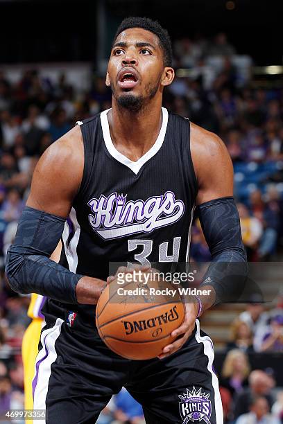 Jason Thompson of the Sacramento Kings attempts a free throw shot against the Los Angeles Lakers on April 13, 2015 at Sleep Train Arena in...