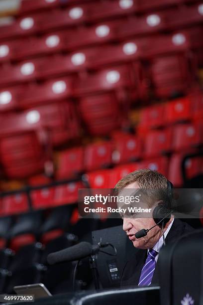 Sacramento Kings broadcaster Grant Napear prior to the game against the Los Angeles Lakers on April 13, 2015 at Sleep Train Arena in Sacramento,...
