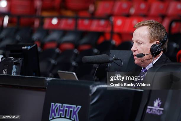 Sacramento Kings broadcaster Grant Napear prior to the game against the Los Angeles Lakers on April 13, 2015 at Sleep Train Arena in Sacramento,...